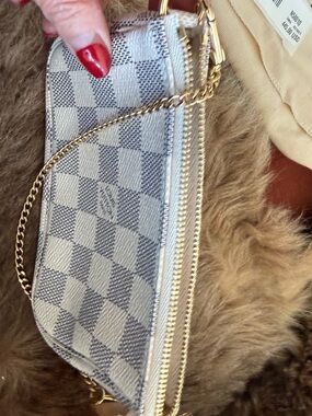 Louis Vuitton Damier Azur Mini Wristlet in Light Grey with Gold Chain